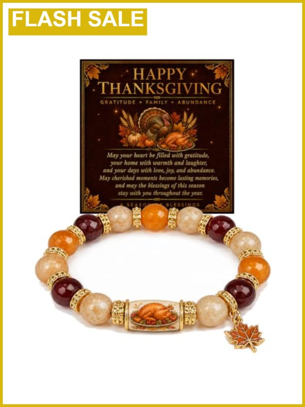 Beaded Stretch Bracelet Turkey Pumpkin Maple Charm Thanksgiving Gift